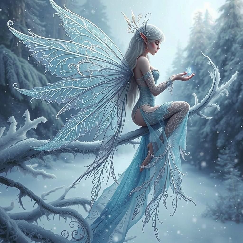 Hyper-realistic beautiful ethereal winter fairy perching on ...
