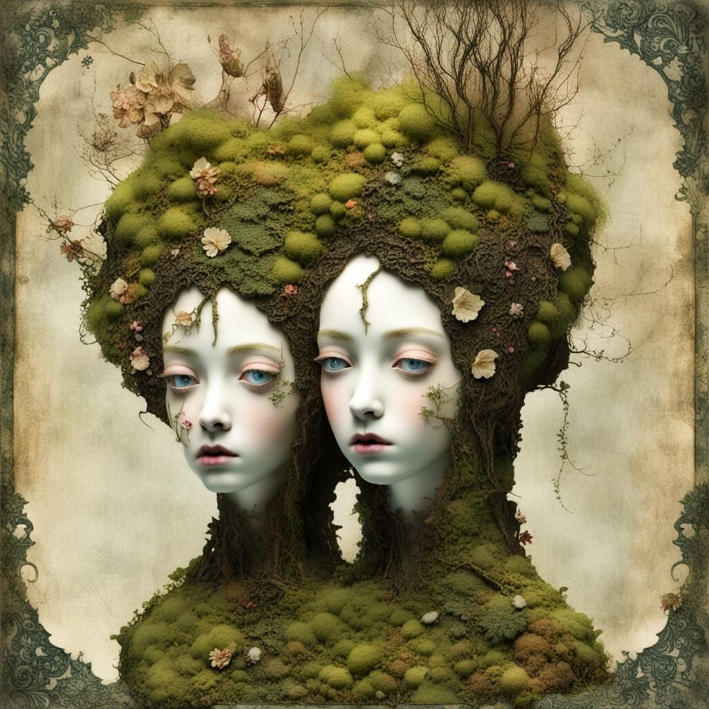 Gothic Moss Princess Twins Collage in Mixed Media