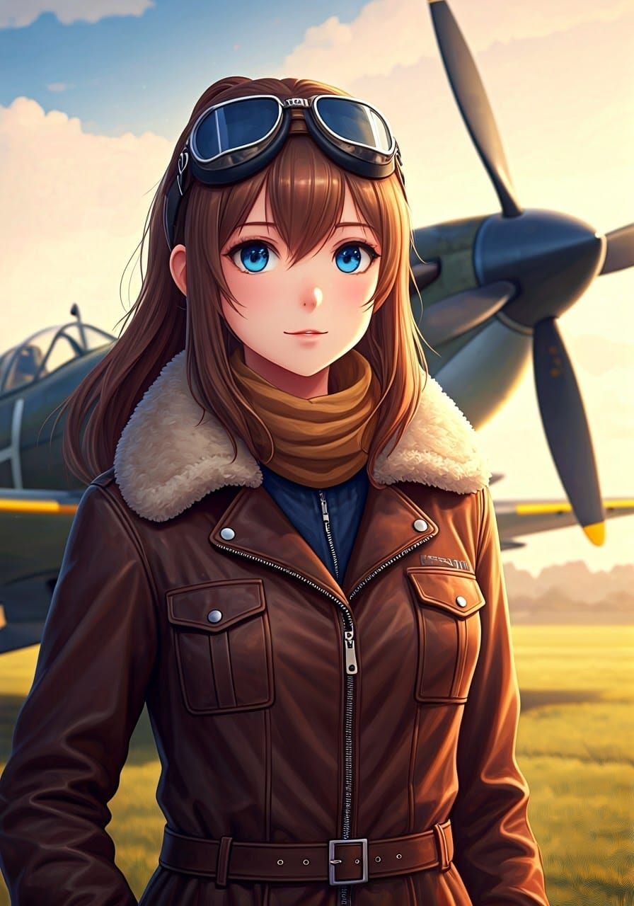 Serene WWII Pilot Girl in Front of Vintage Spitfire
