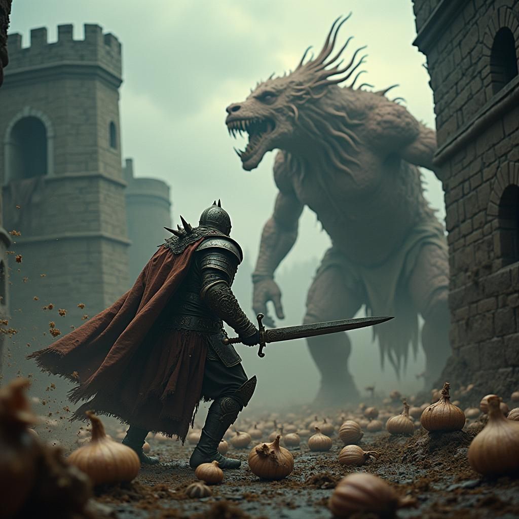 Fantasy Warrior Battles Mythical Onion and Garlic Monsters