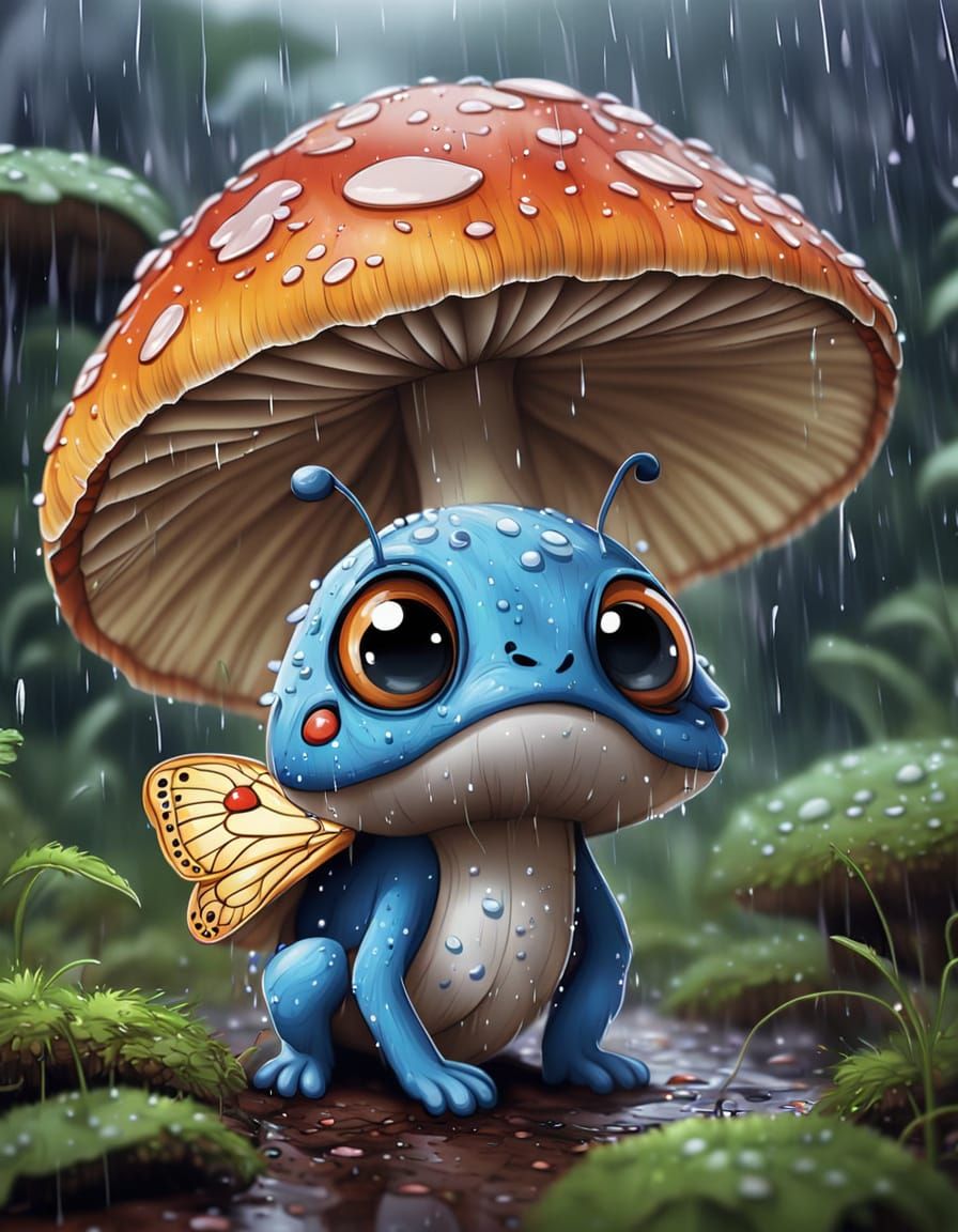 Colorful Cartoon Butterfly Finds Refuge Under Mushroom Cap