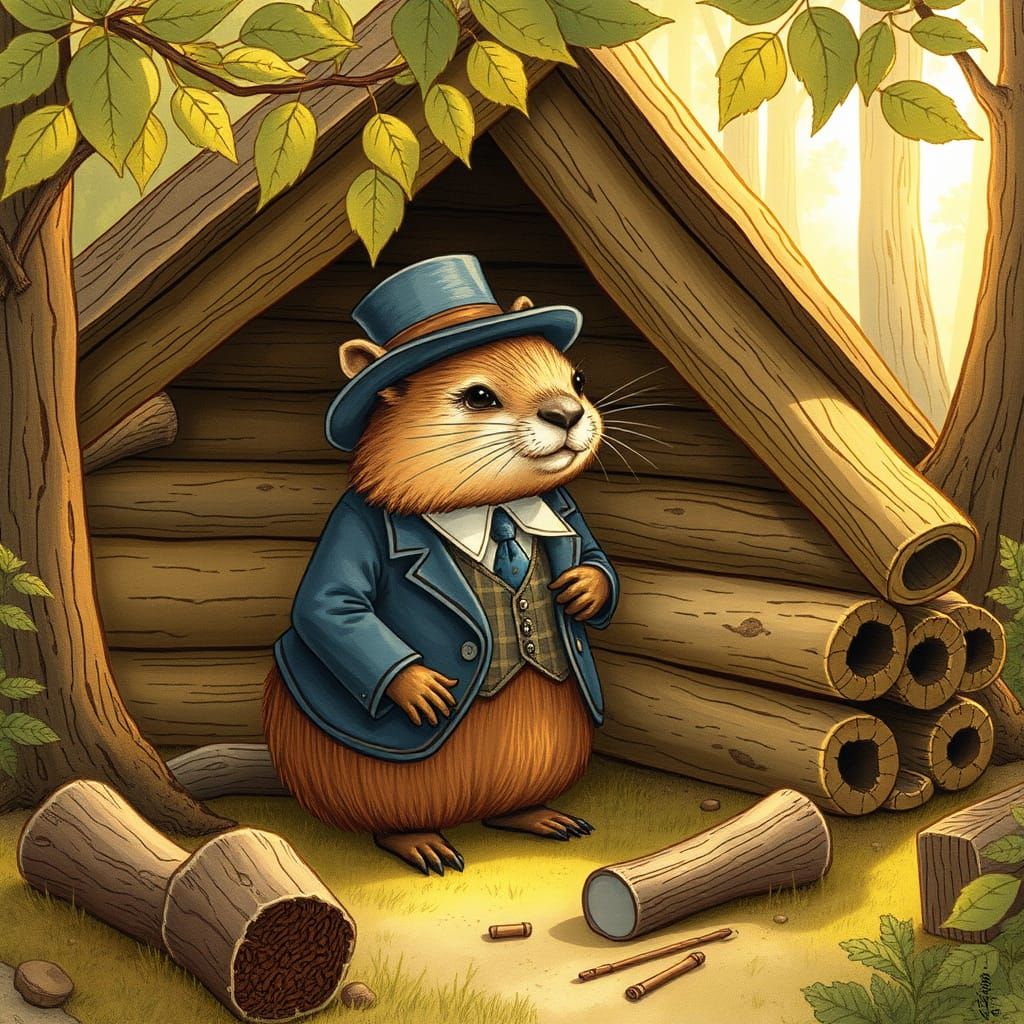 Dapper Beaver Builds Cabin in Art Nouveau Style