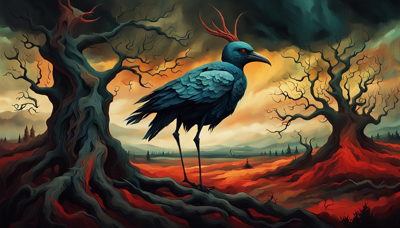 Surreal Bird-Man in Hellish Medieval Landscape