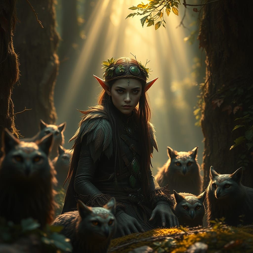 Feral Elf Living Harmoniously in Forest Scene