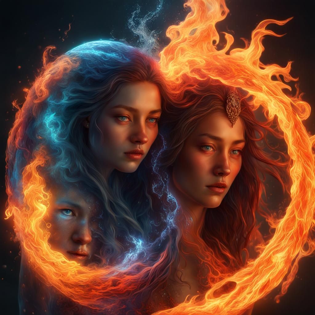Flame and Water Spirits as Dark Fantasy Concept Art