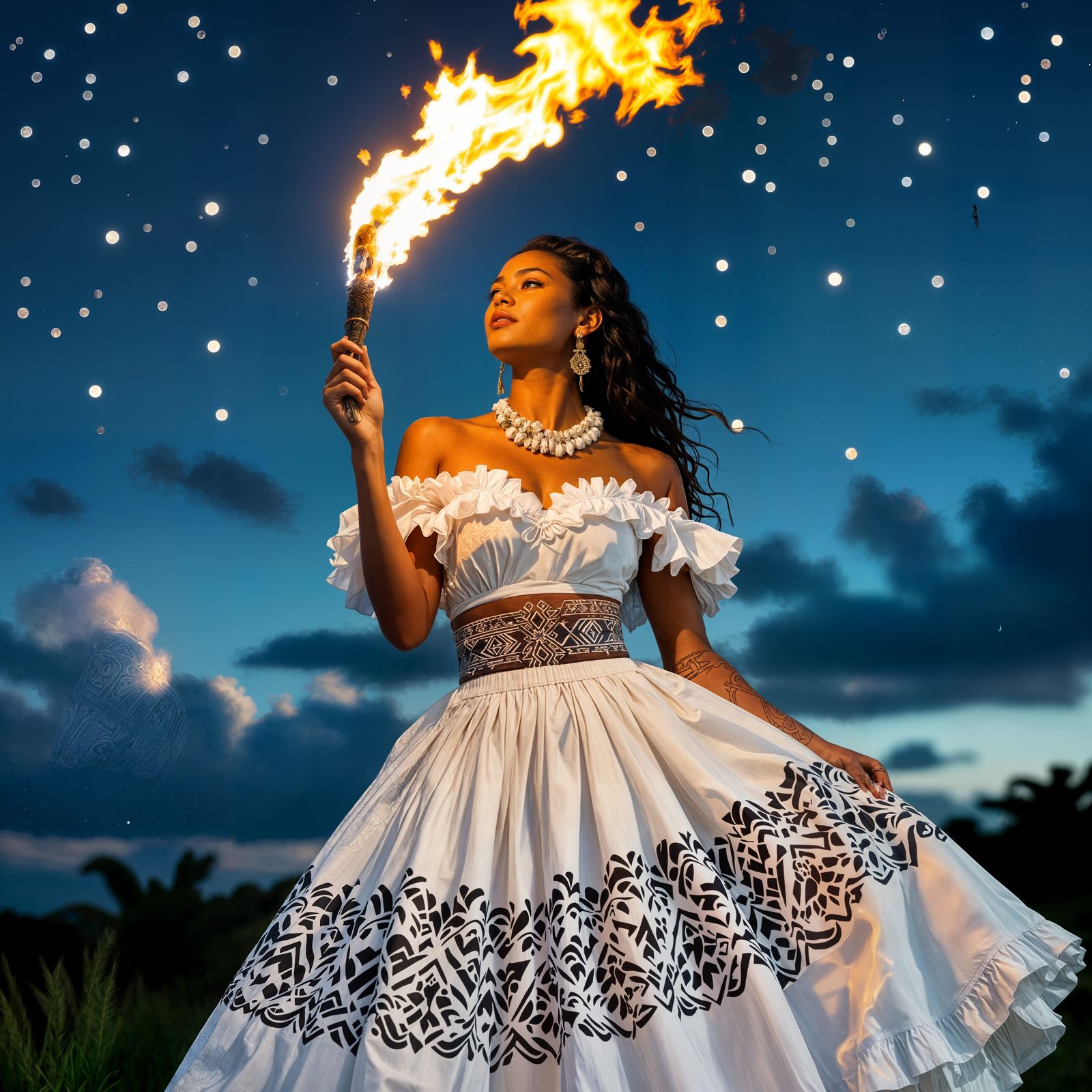 Samoan Model with Fiery Nifo Oki Under Starlit Sky