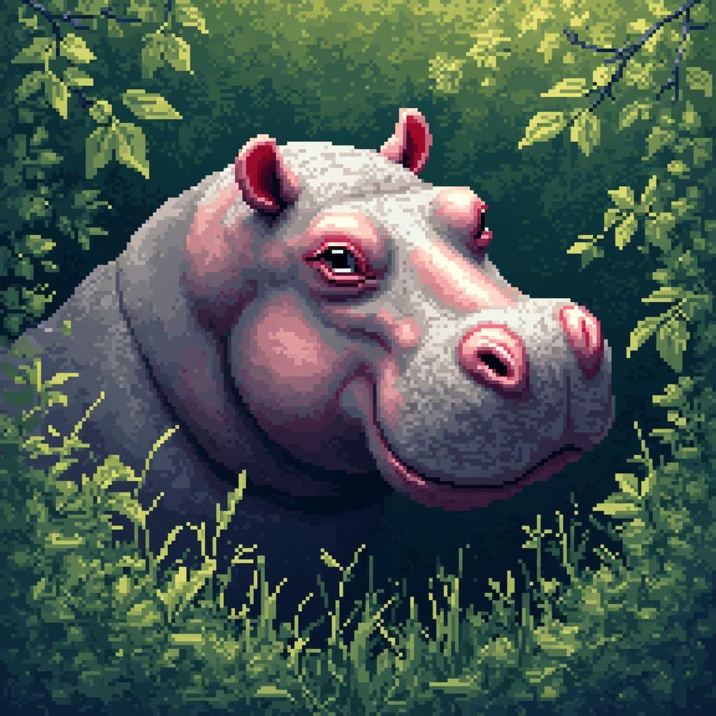 low quality, low resolution, mosaic patter, hippo