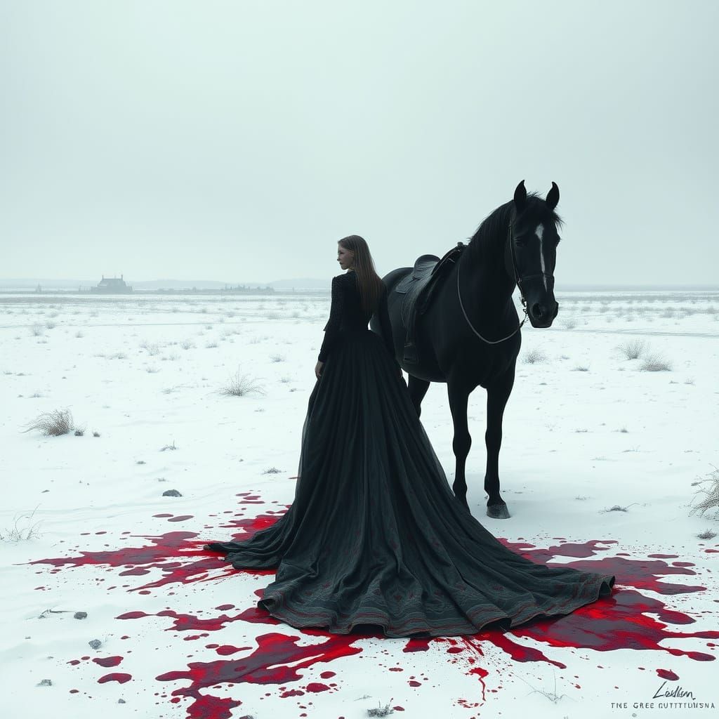 Eerie Blood-Stained Woman with Horse in Snowy Field