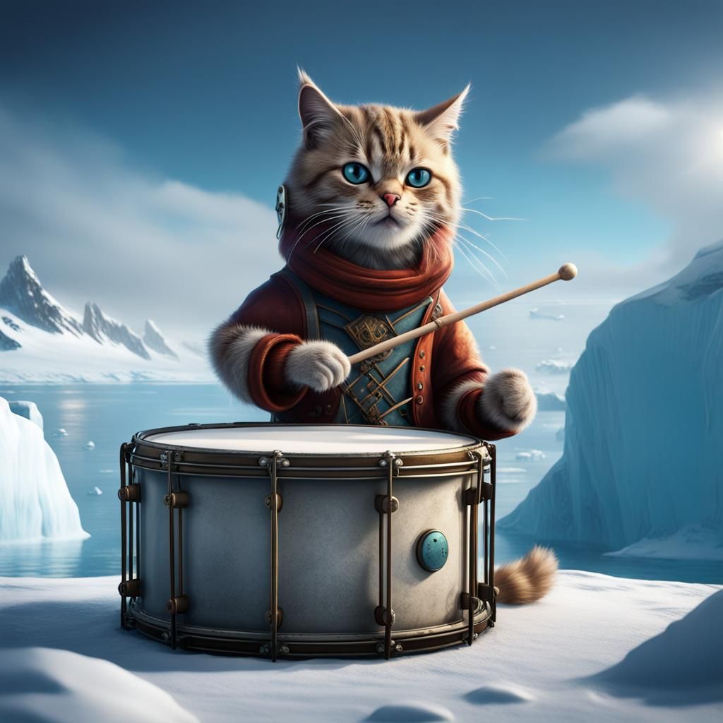 Cat Drummer in Antarctica: Detailed Matte Painting