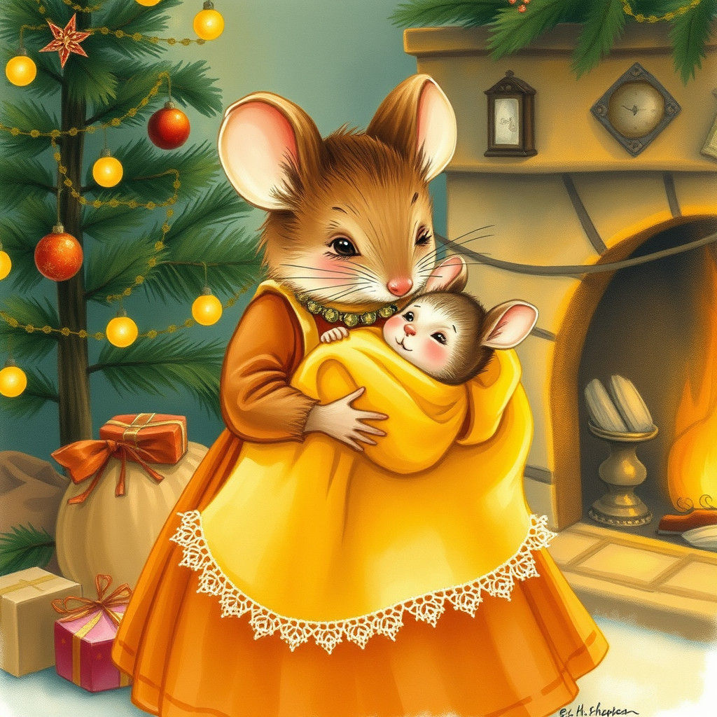 Cozy Christmas: Mother Mouse and Baby in Watercolor