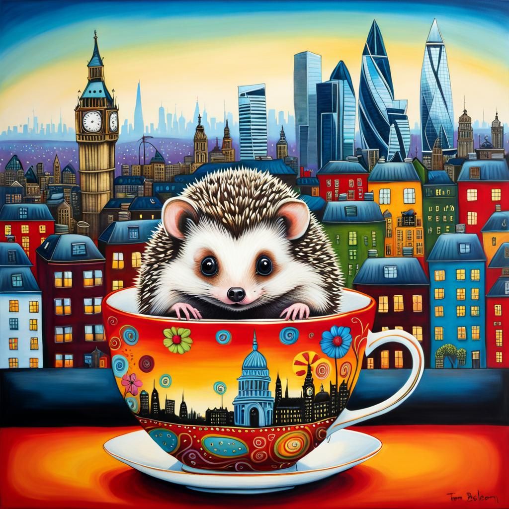 Hedgehog in Teacup: Surreal Mixed-Media Art