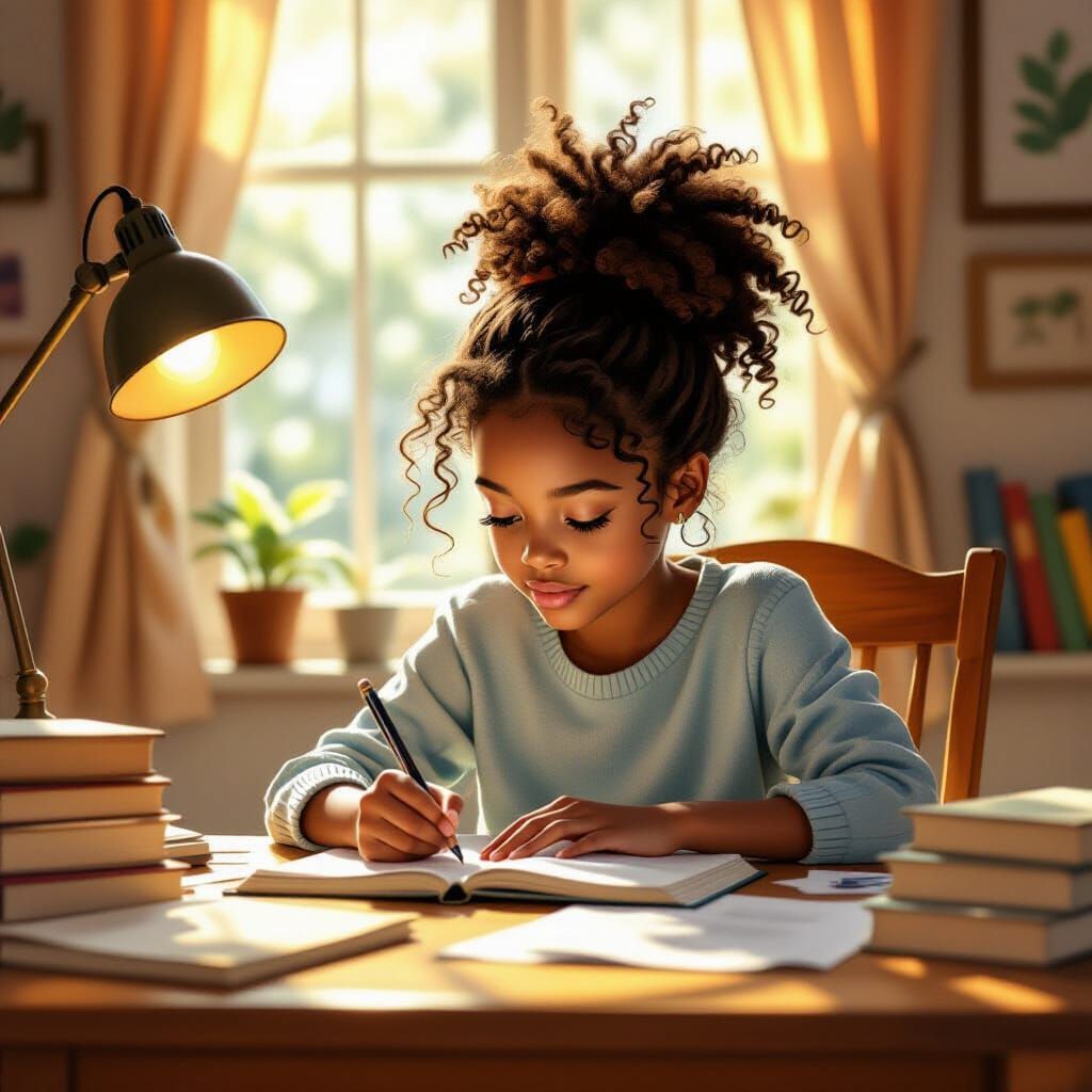 Young Black Girl Focused on Studies in Cozy Room