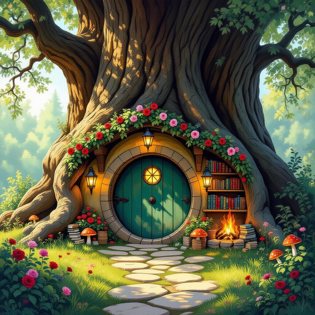 Enchanting Hobbit Hole in Whimsical Painterly Style