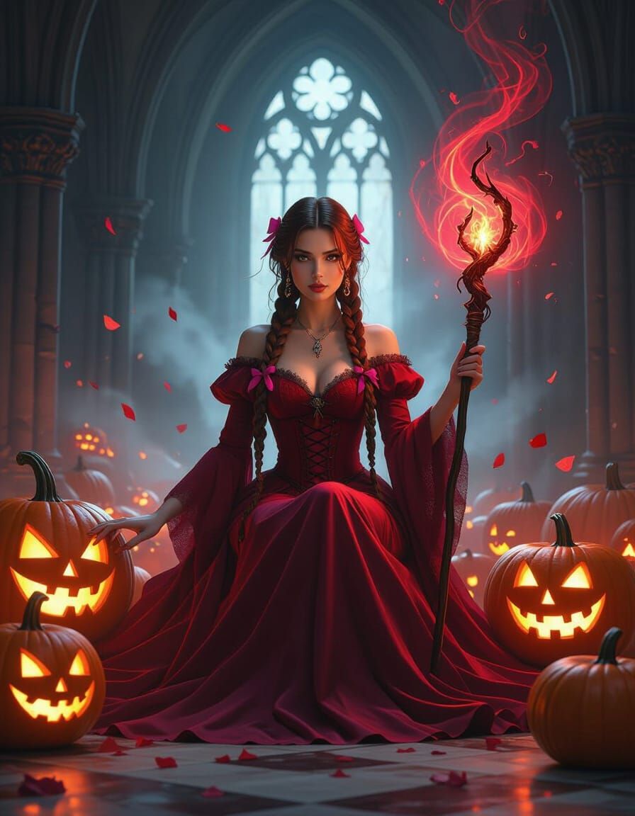 Dark Fantasy Witch in Cathedral with Glowing Pumpkins