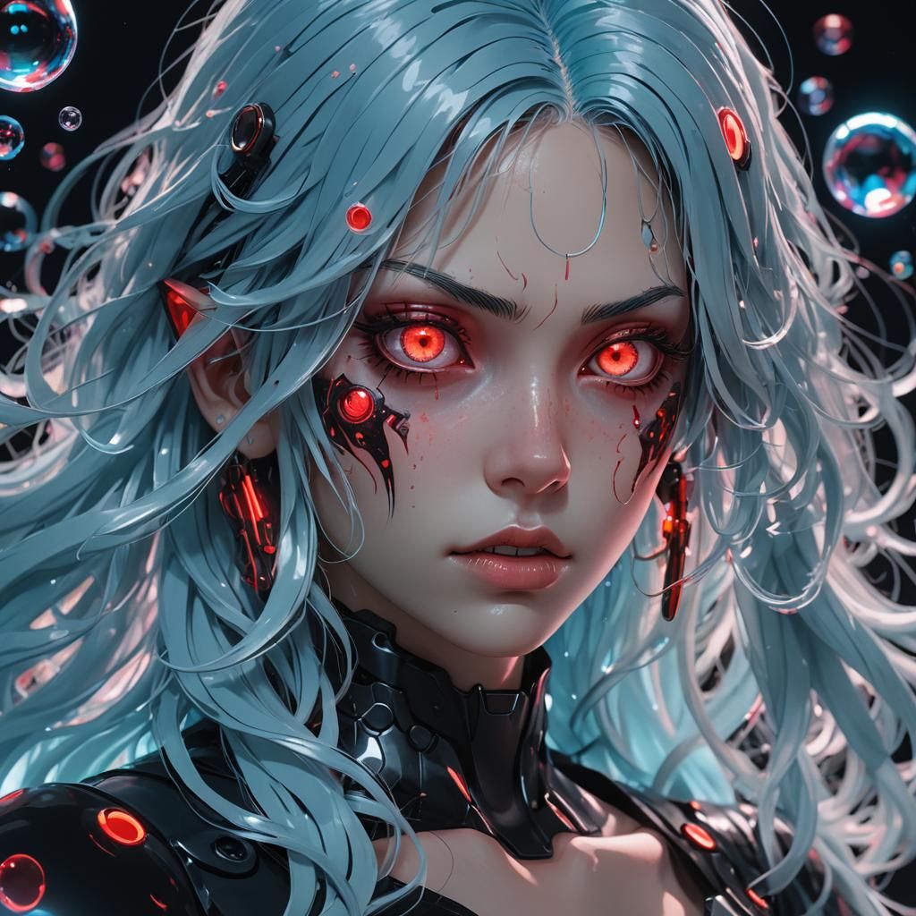 Cyborg with Neon Bubbles in Anime Style