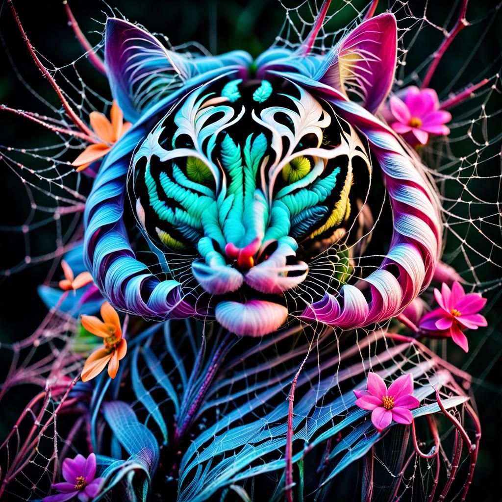 Tiger made of flower petals, flowers, vines and spiderwebs,