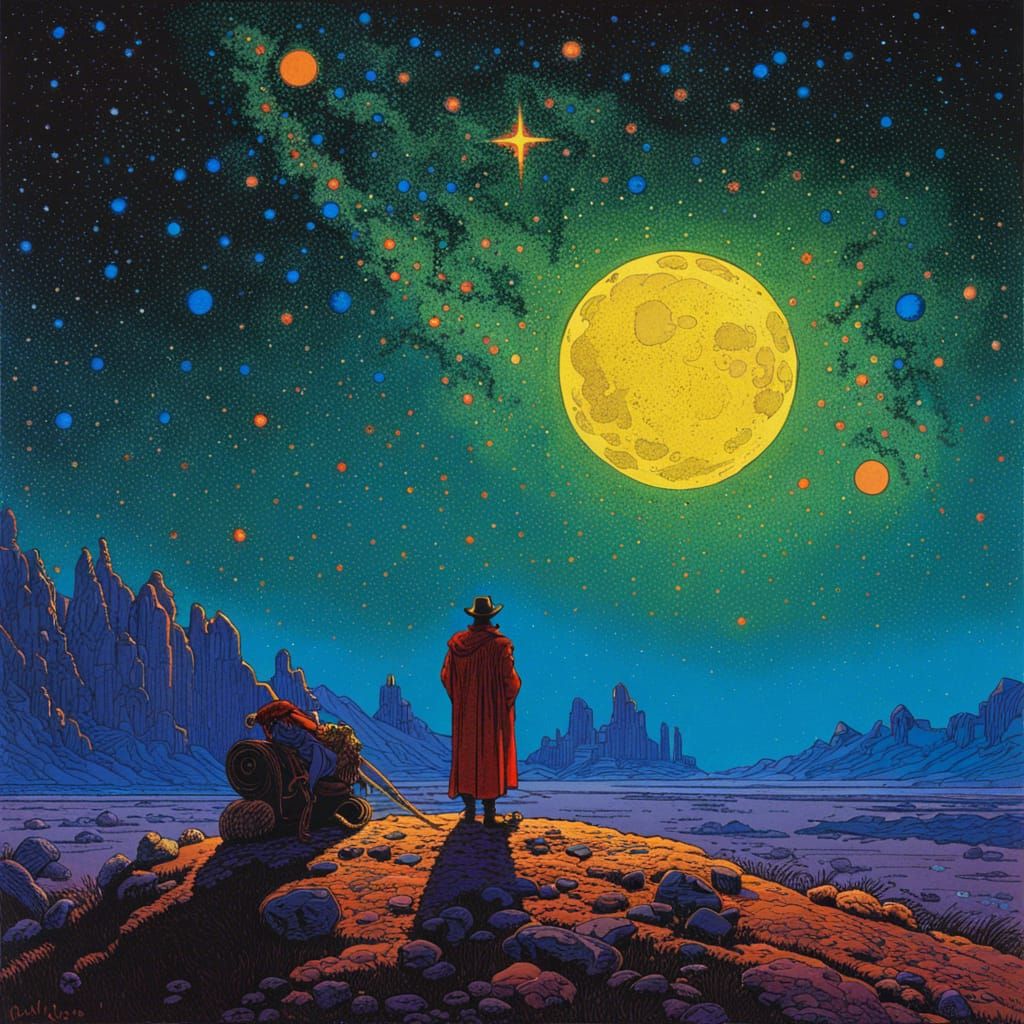 Shaman Under Starry Night in Ligne Claire Style