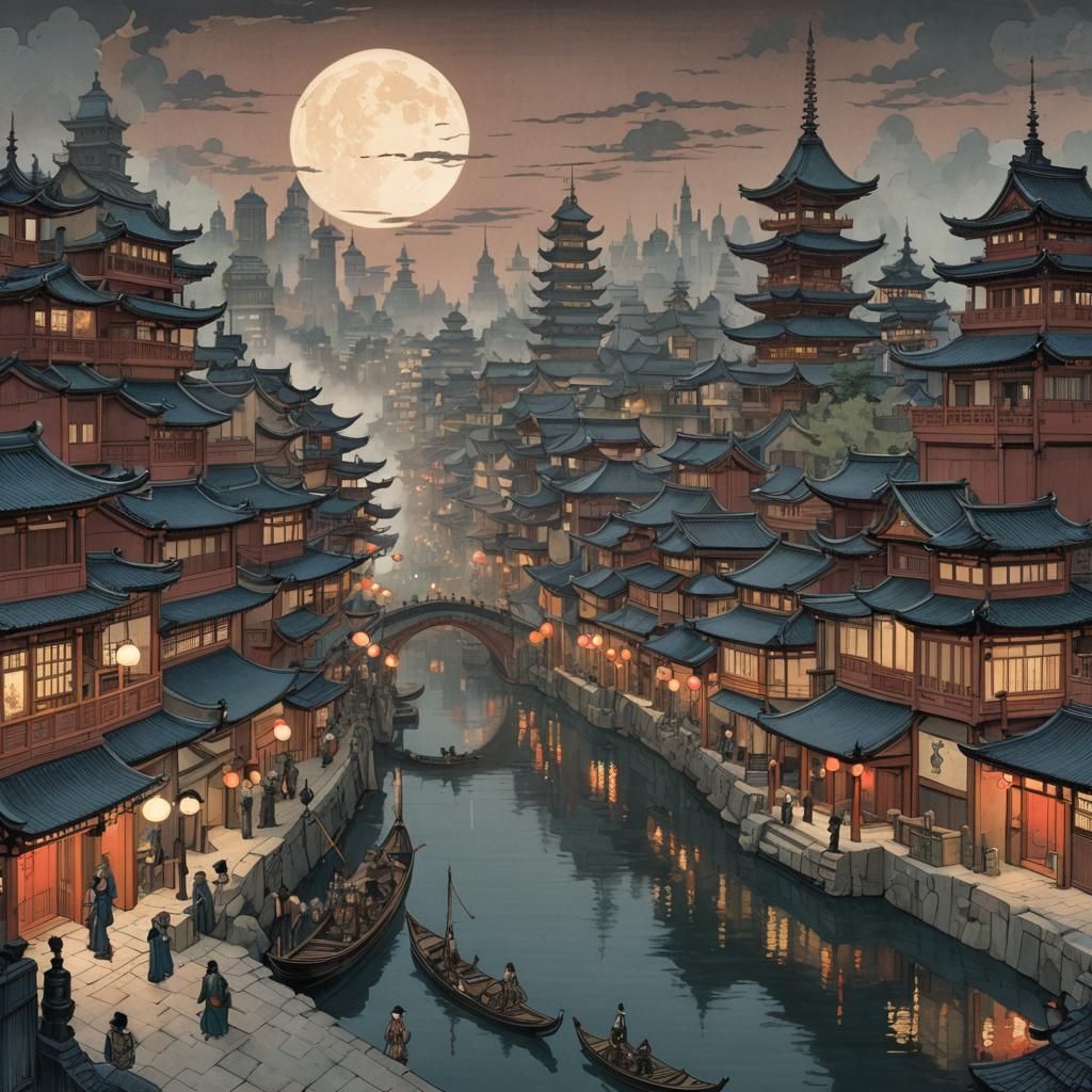 Ankh-Morpork Cityscape in Ukiyo-e Style