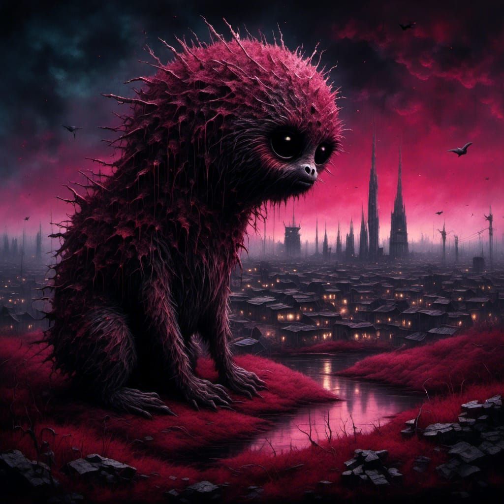 Creepy Gothic Creature in Dystopian Landscape