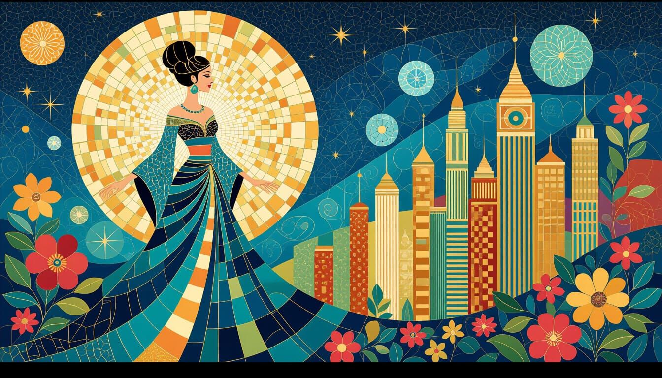 Abstract Geometric Woman in Arcology Cityscape