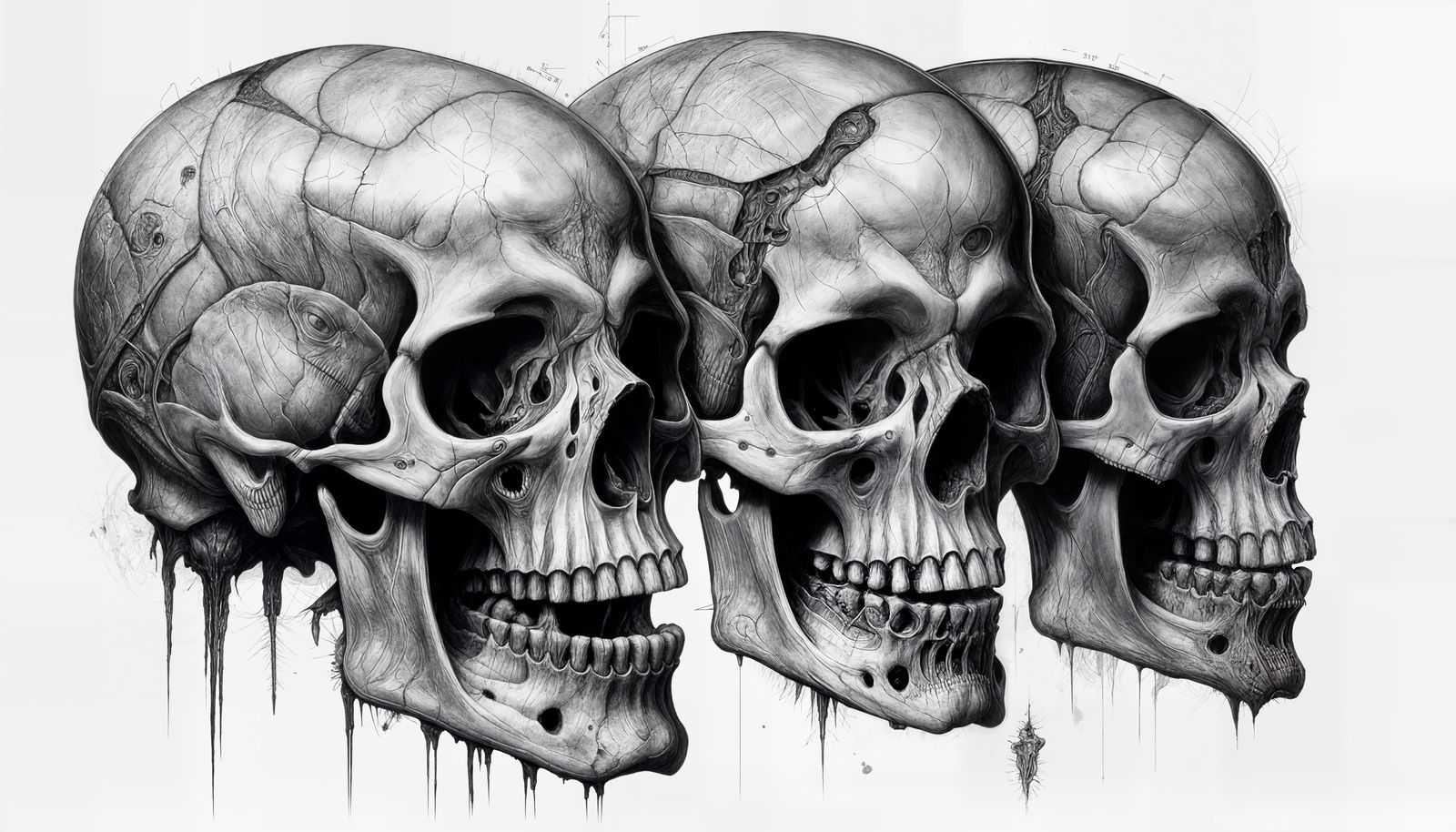 Alien Skull Schematic Technical Drawing on Textured Canvas