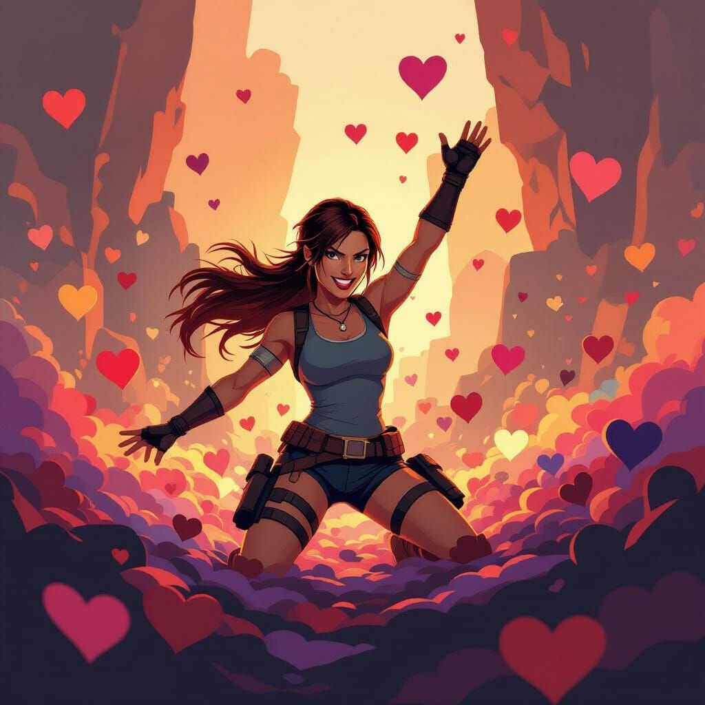Lara Croft Amidst Joyful Heart Explosion