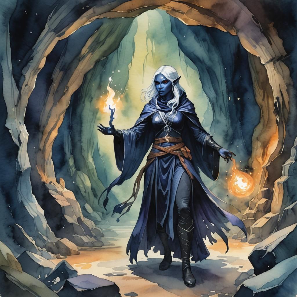 Drow Casting Spell in Watercolor Style