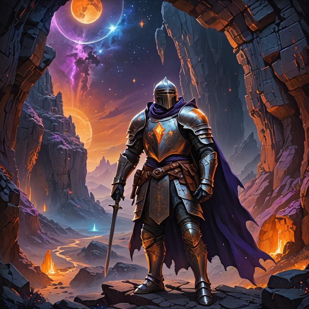 Knight Exploring Mystical Cave on Alien Planet