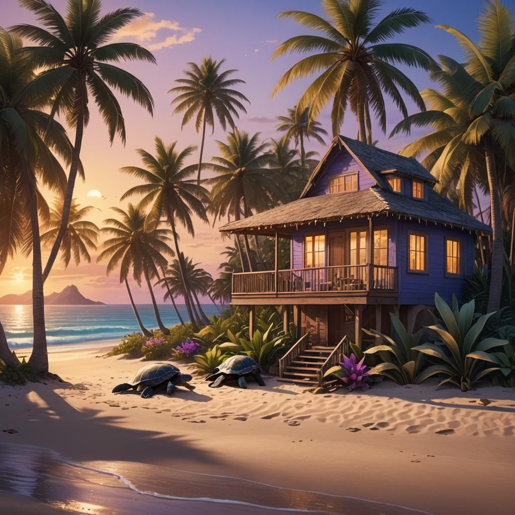 Cozy Beach House Sunset with Baby Turtle