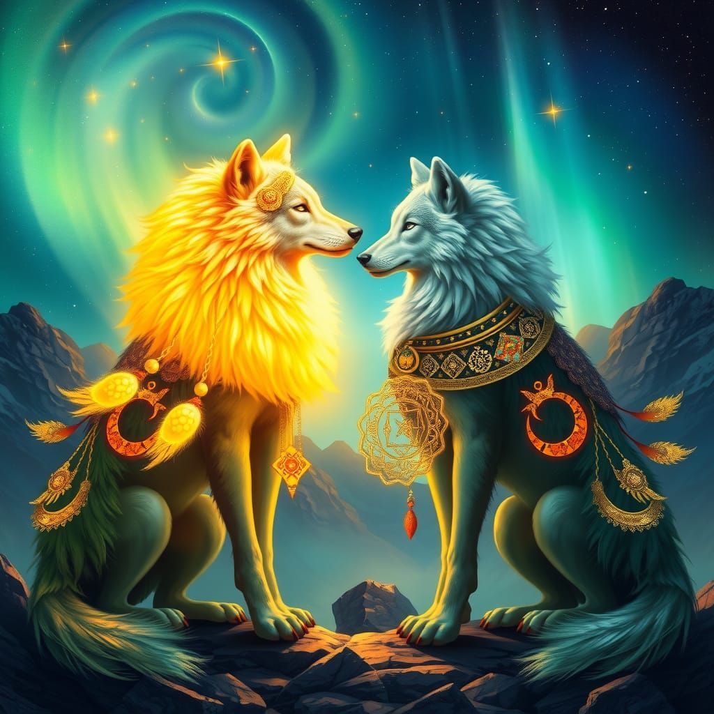 Wolves in Astral Attire Under Aurora Borealis