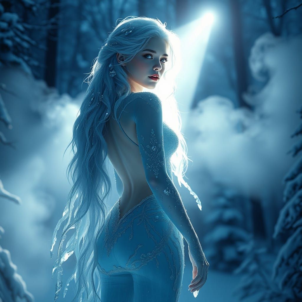 Crystal Goddess Illuminated in Snowy Forest at Night