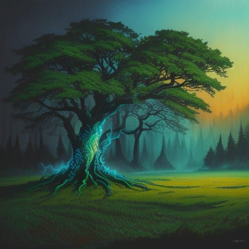 Mystical Forest Tree in Vibrant Graffiti Style