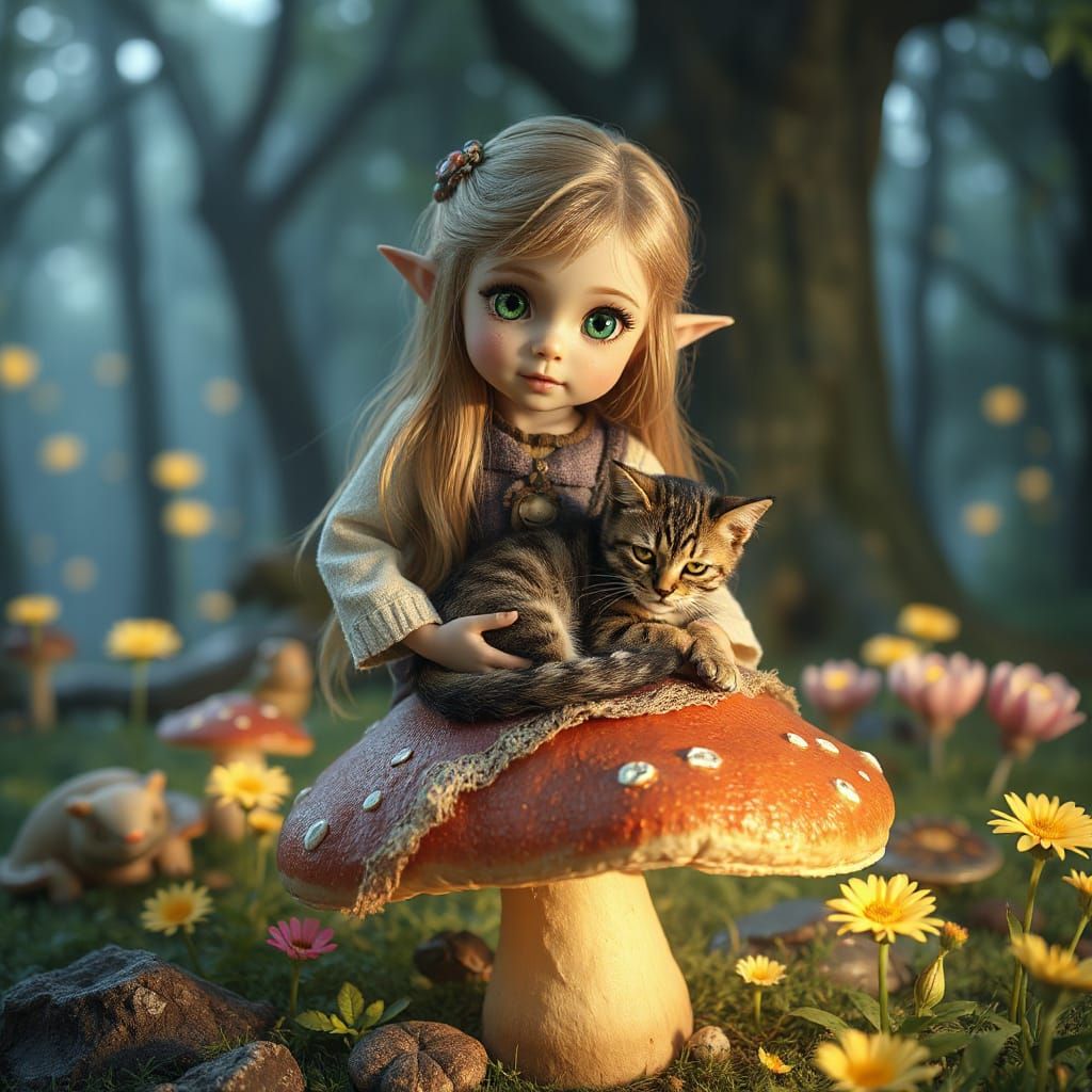 Whimsical Elven Girl in Enchanted Forest Scene, Rendered in ...