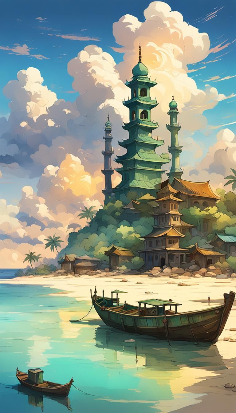 Island Village Scene with Grandmothers and Jukung Boat