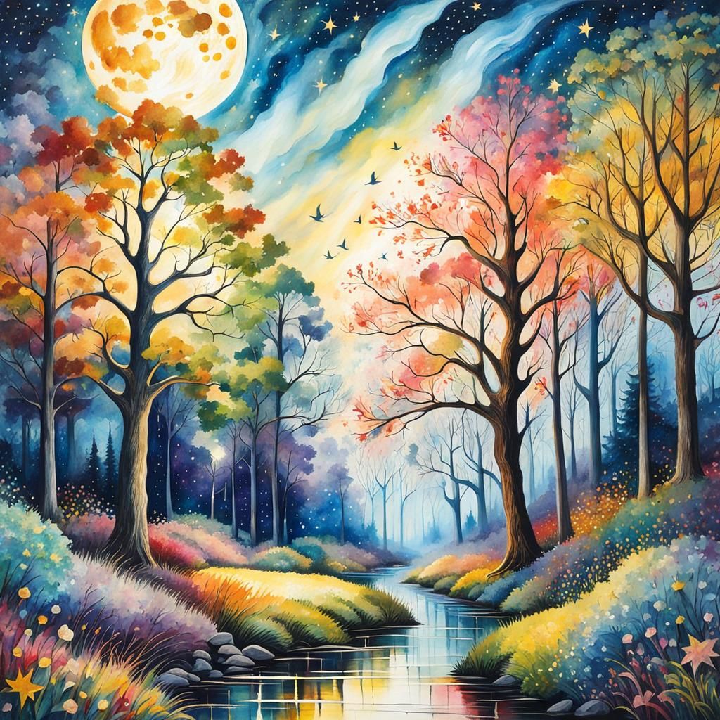 Enchanted Forest: Magical Trees Under a Starry Sky