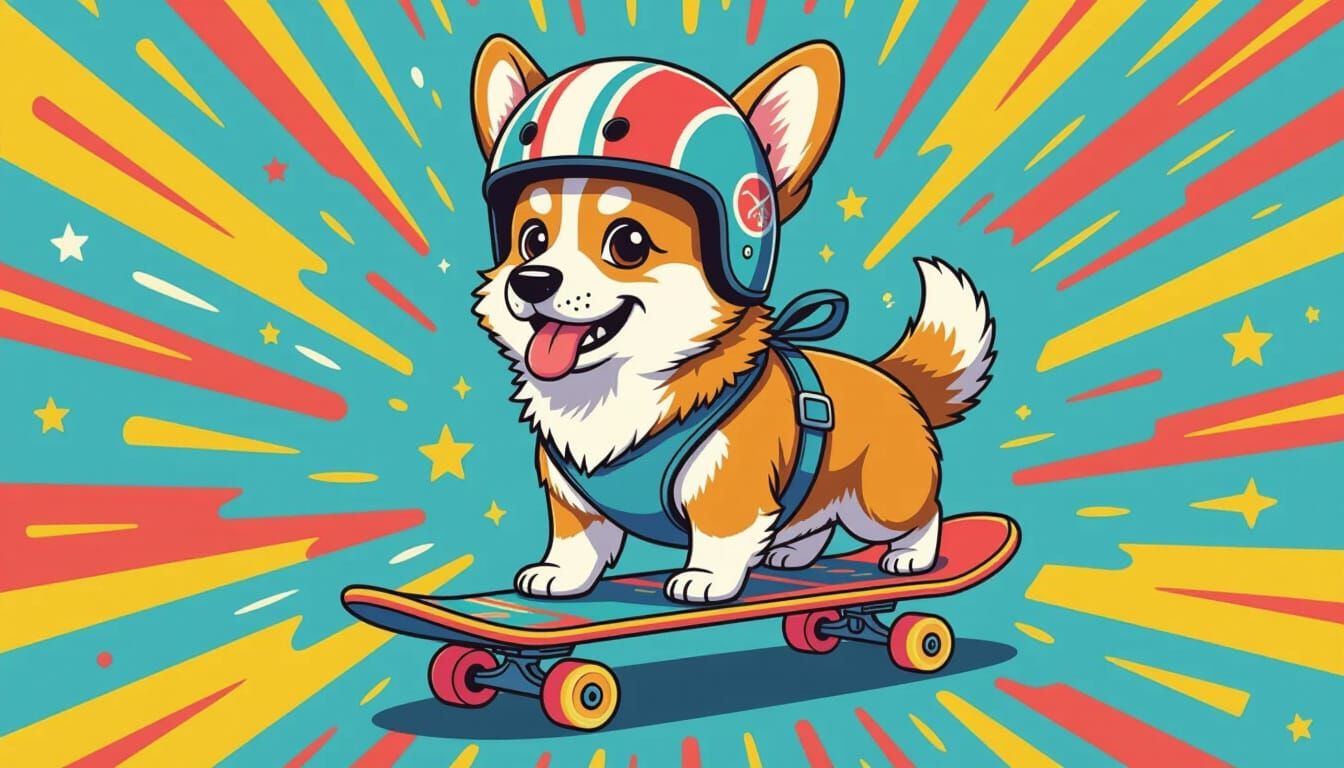 Corgi Does Skateboard Trick: Flat 2D Illustration