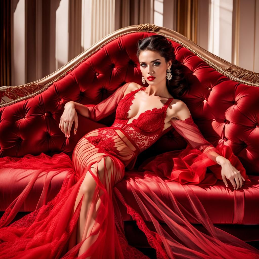 Beautiful woman, wearing a stunningly beautiful fine scarlet...