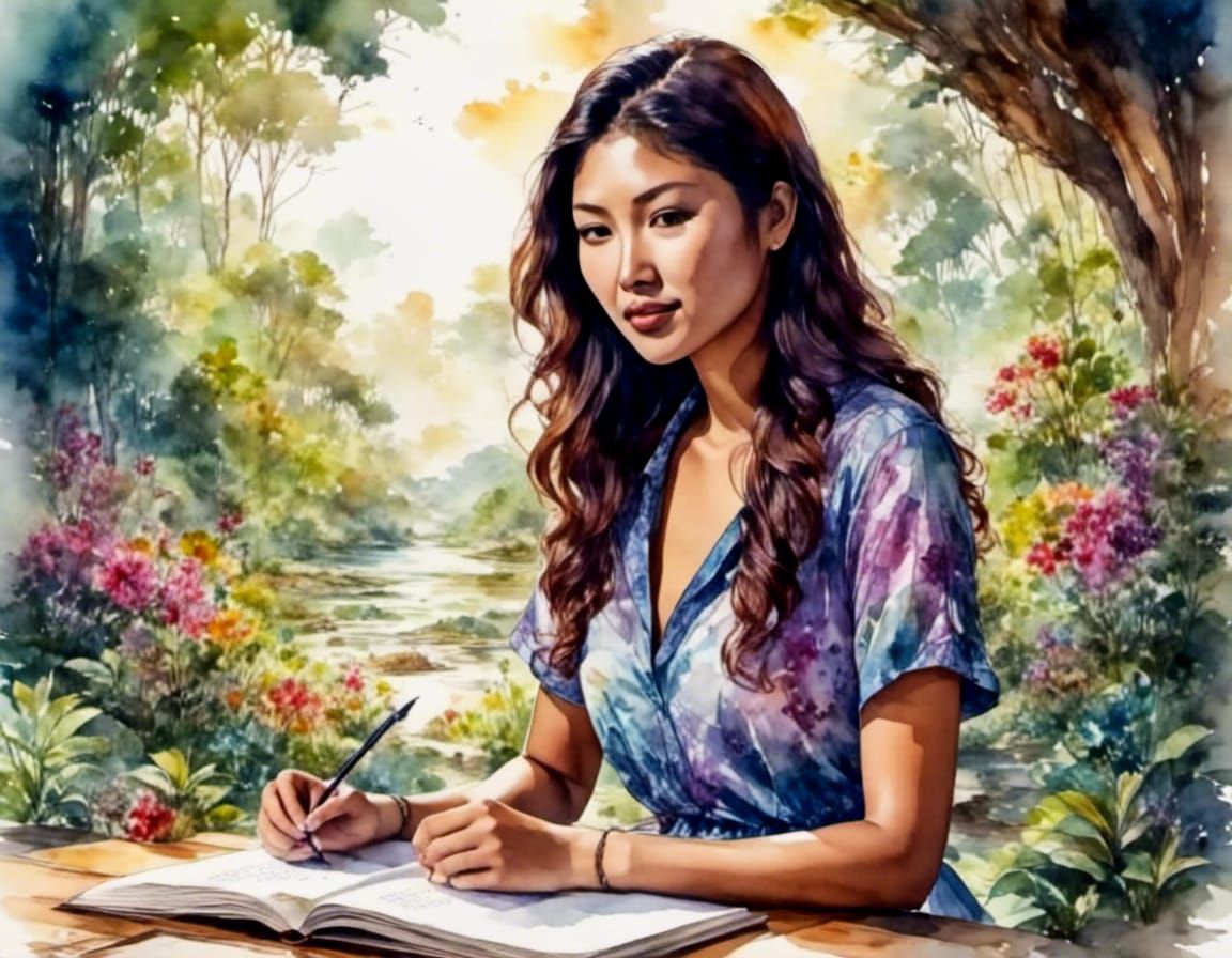 Watercolor Painting of Woman Writing Poetry Outdoors