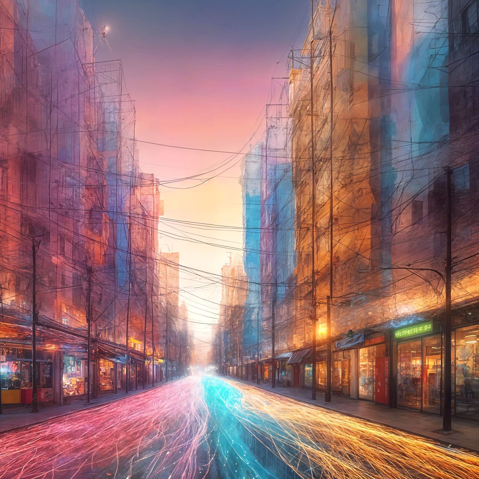 Ethereal Wireframe City Made of Cotton Threads