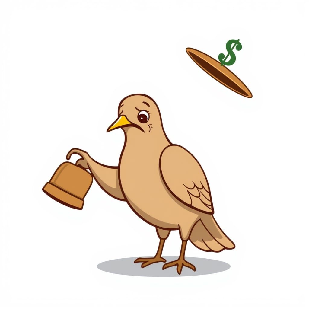 Emoji cartoon of a sad brown dove asking for money with a ha...