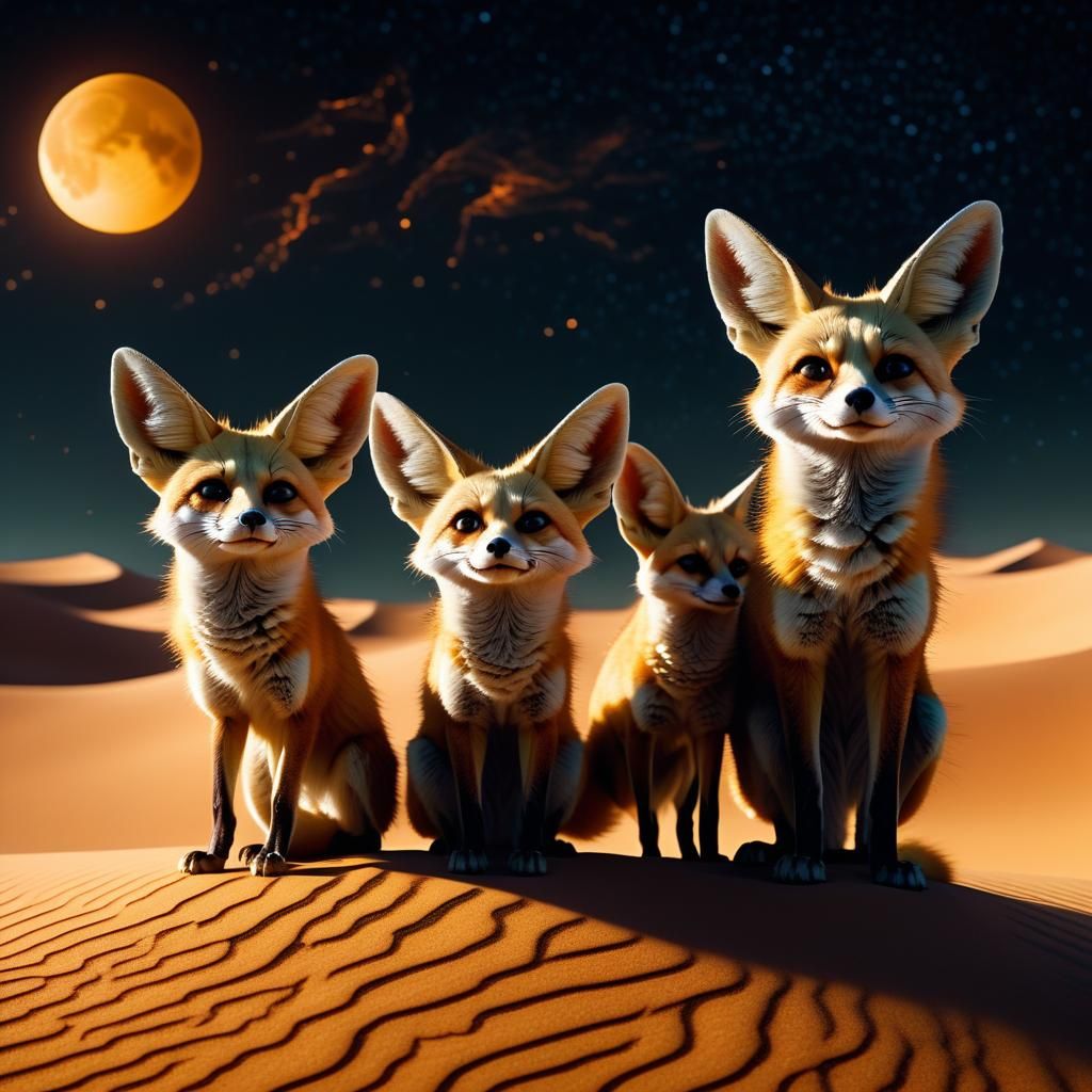 Fennec Fox Family in Starry Desert Landscape