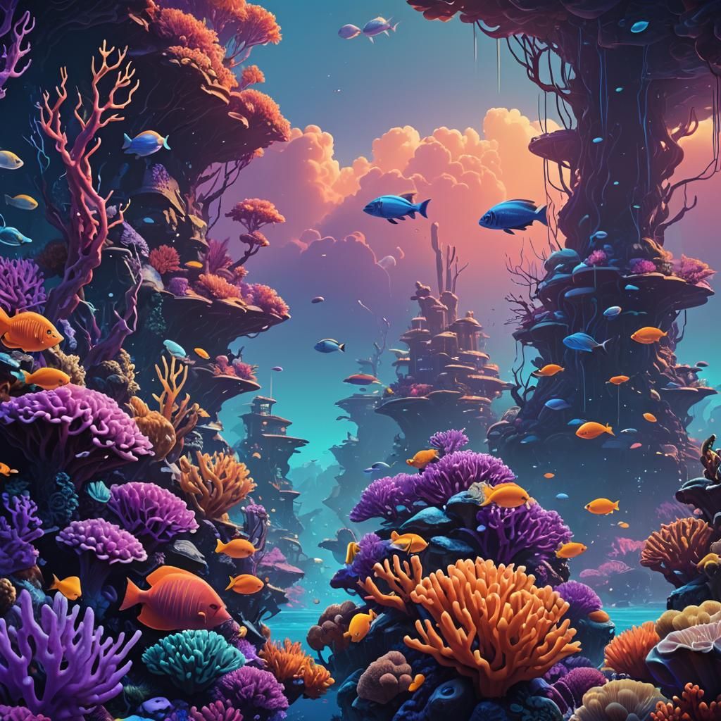 Vibrant Underwater Coral Reef Fantasy Painting