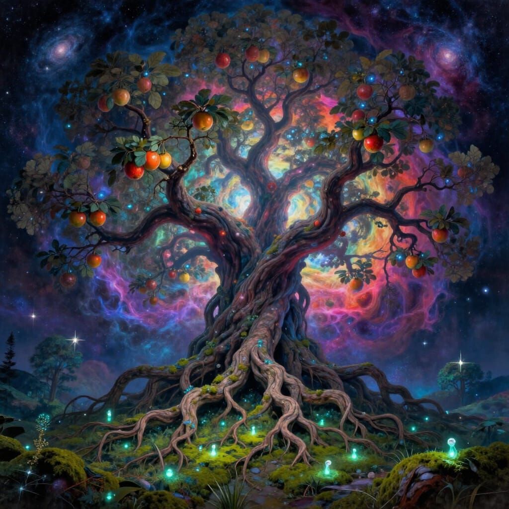 Cosmic Norse Tree in Nebula with Celestial Fruits