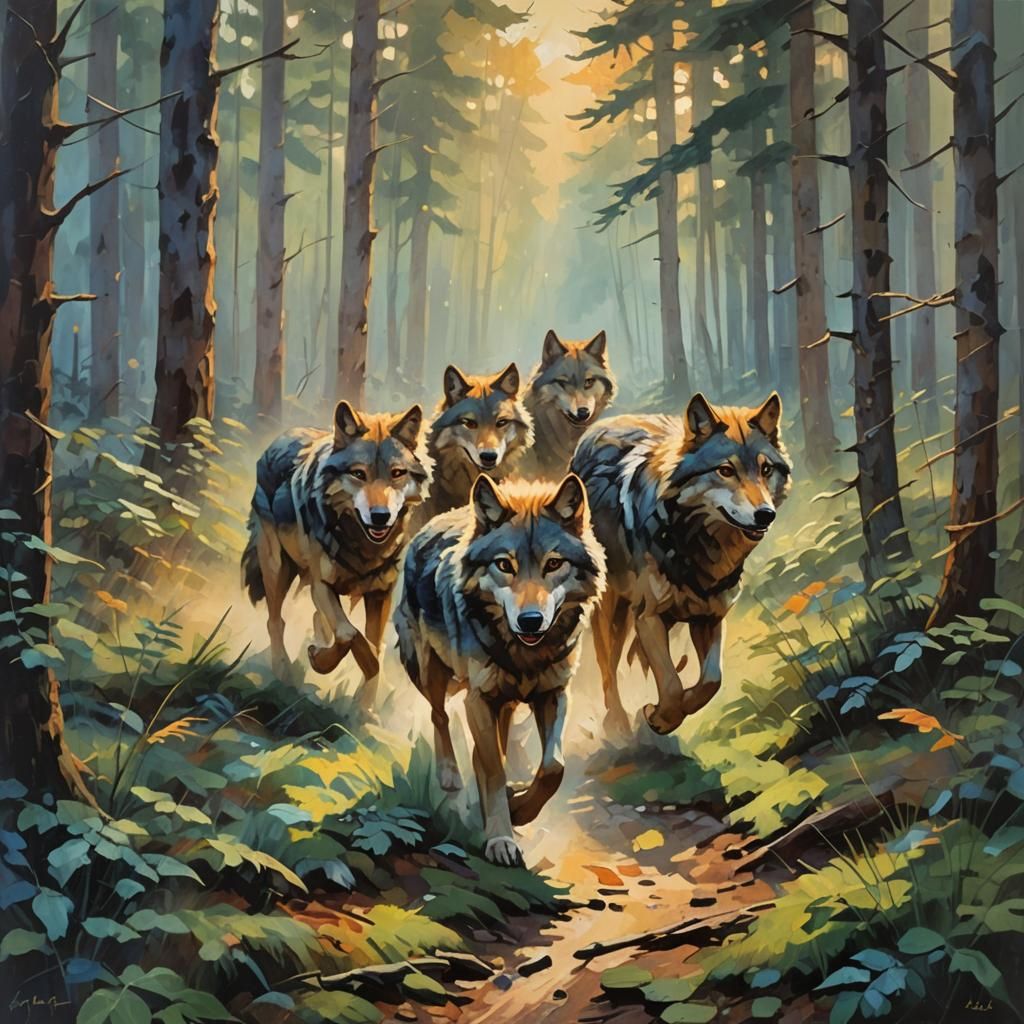 Wolf Pack Running Through Forest in Fauvist Style