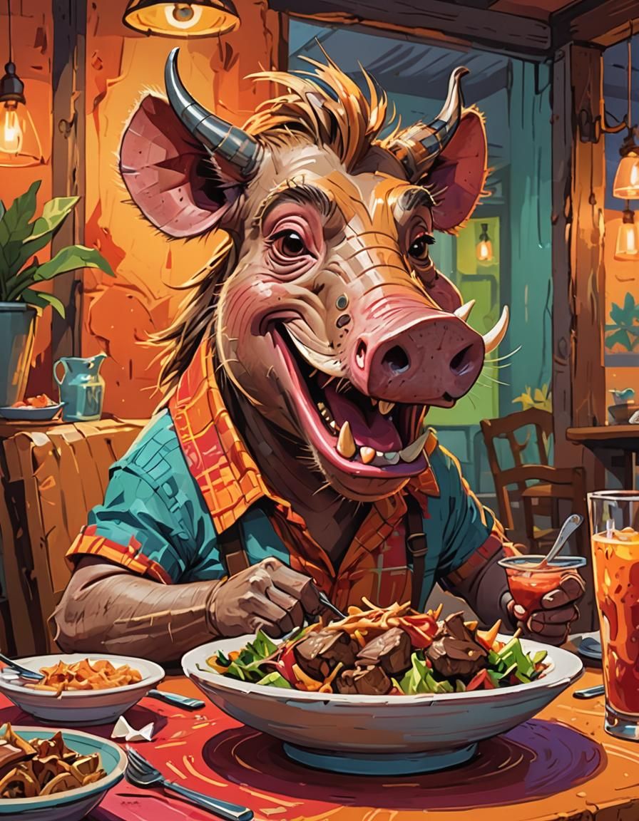 Cartoon Warthog's Humorous, Exaggerated Meal