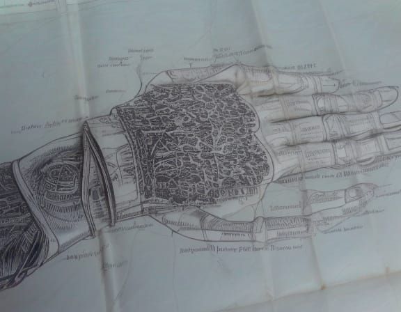 Futuristic Prosthetic Hand Blueprint with Intricate Details