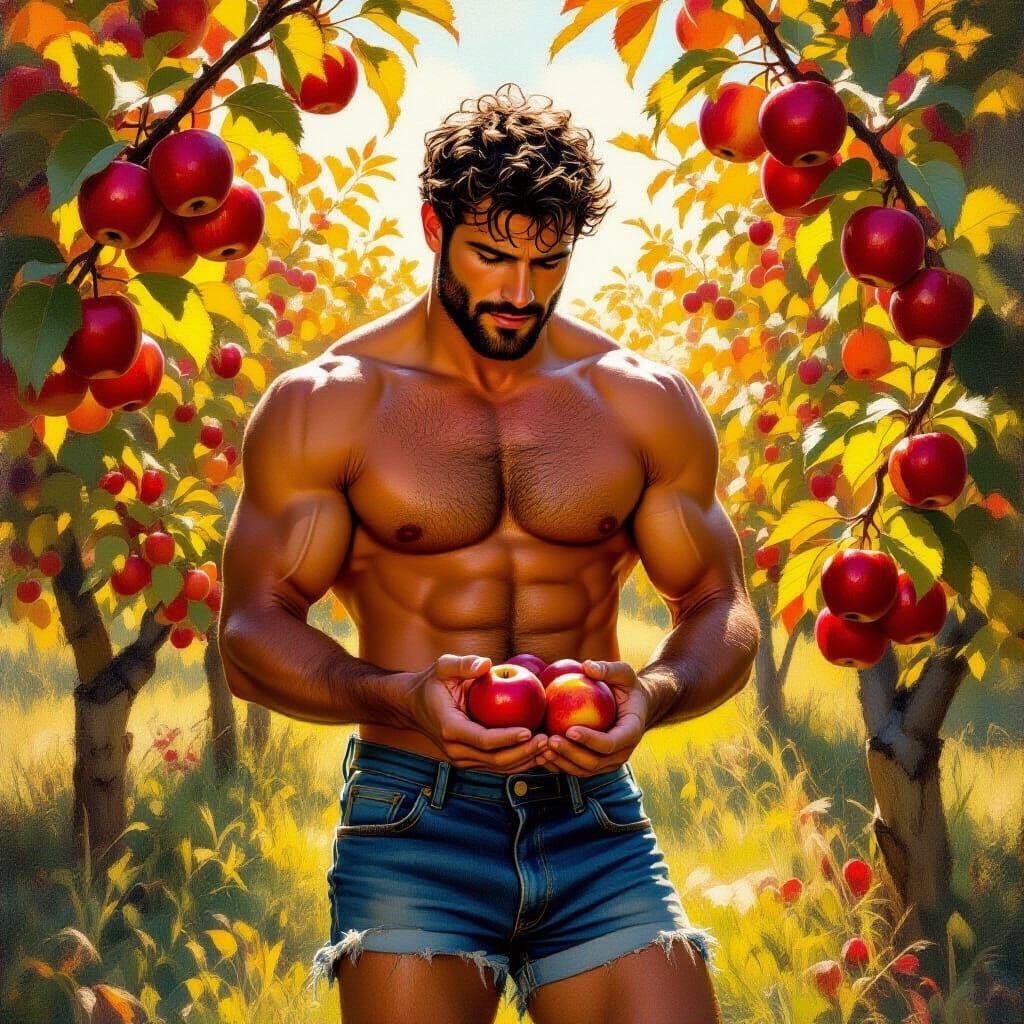 Muscular Man Gathering Apples in Luminous Orchard