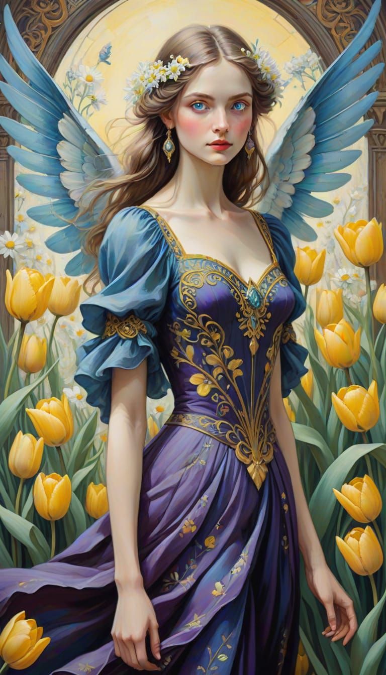 Whimsical Woman with Tulip Wings in Art Nouveau Style