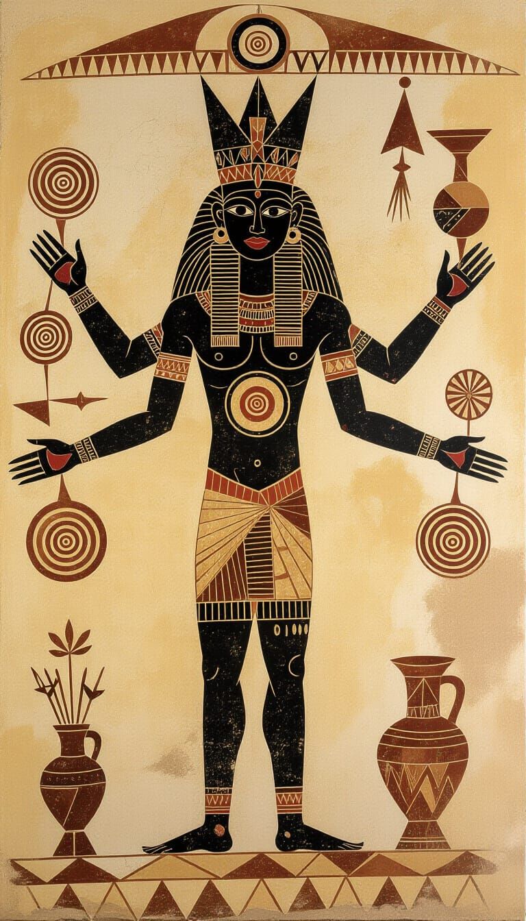 Primitive Cave Painting of Cosmic Deity with Four Arms
