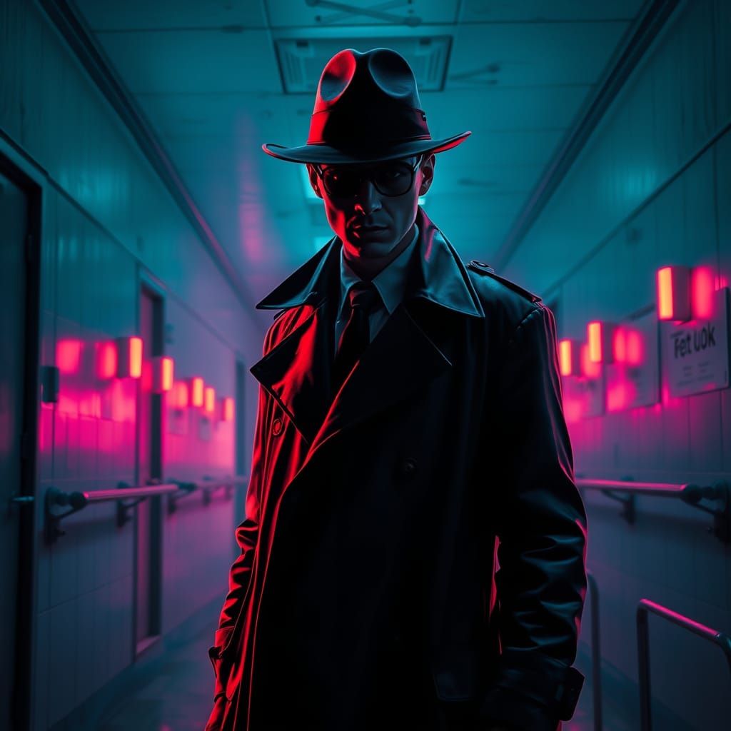 Noir Detective in Hydrodipped Cyberpunk Psychiatric Hospital